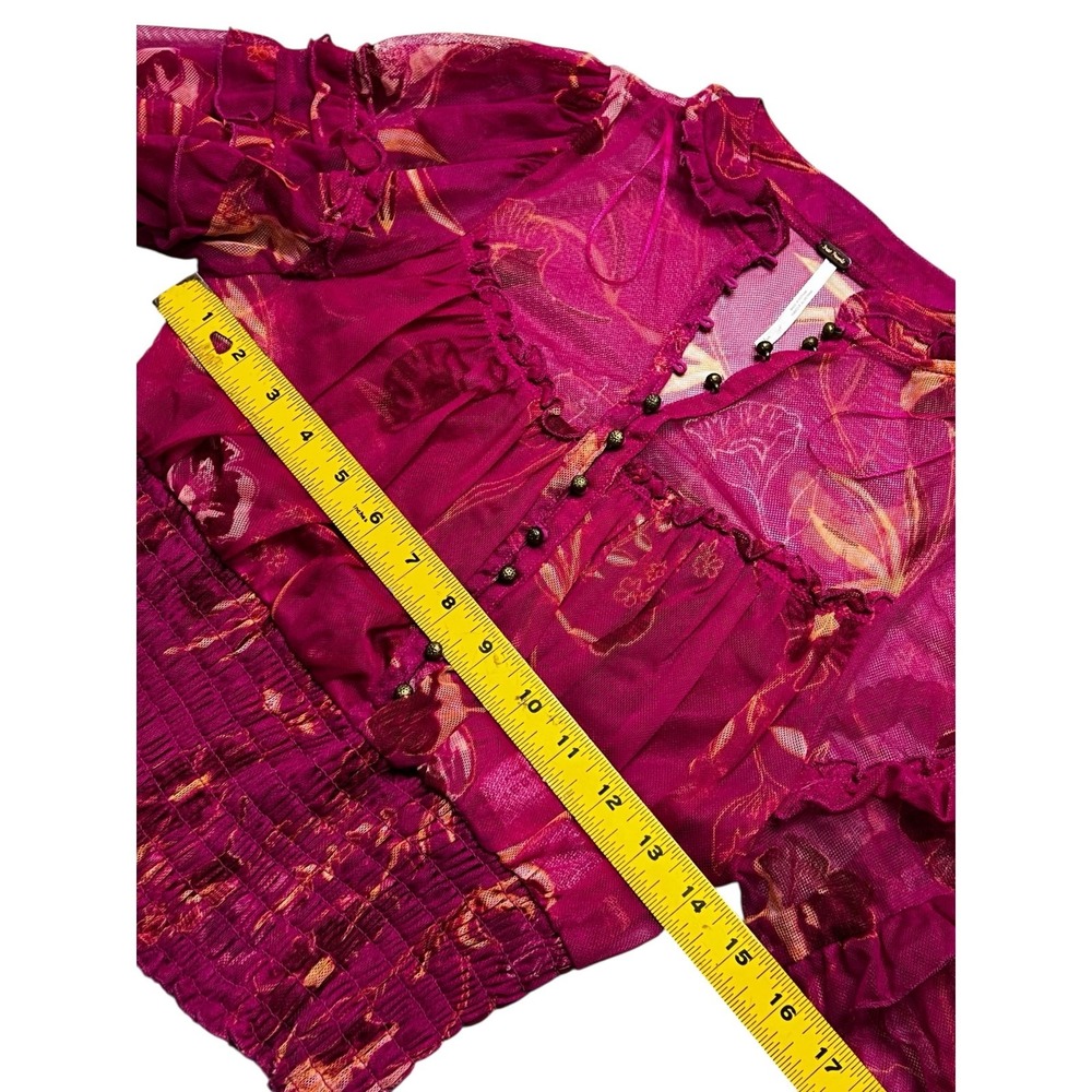 Free People‎ Blouse Womens Small Magenta Floral Sheer Mesh Smocked Ruffle Top - Picture 6 of 12